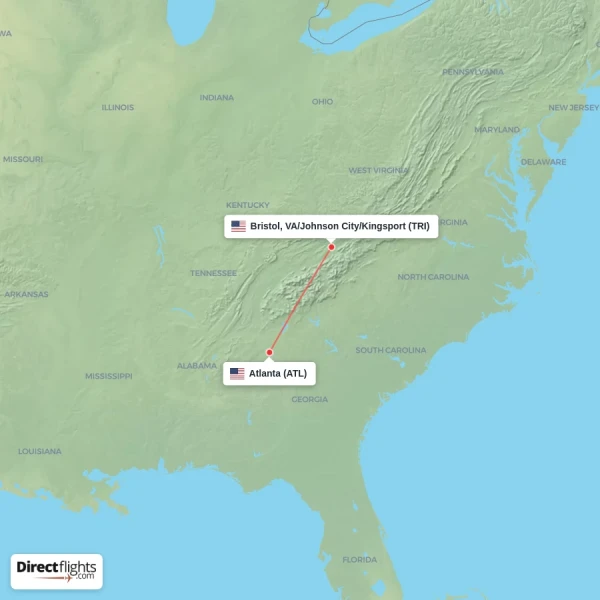 Bristol, VA/Johnson City/Kingsport - Atlanta direct flight map