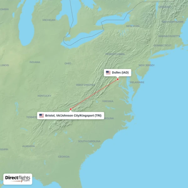 Bristol, VA/Johnson City/Kingsport - Dulles direct flight map