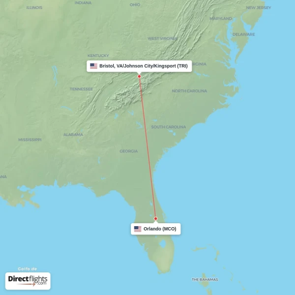 Bristol, VA/Johnson City/Kingsport - Orlando direct flight map