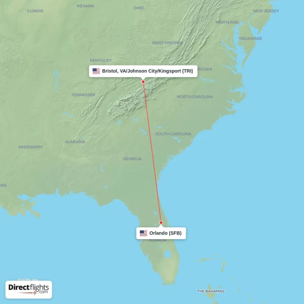 Bristol, VA/Johnson City/Kingsport - Orlando direct flight map