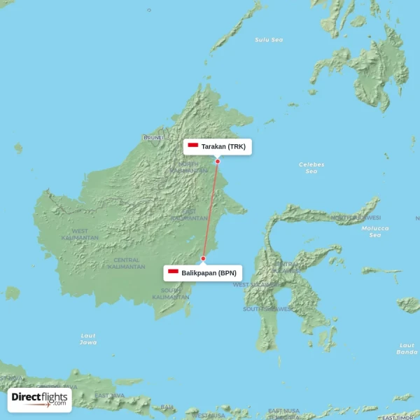 Tarakan - Balikpapan direct flight map