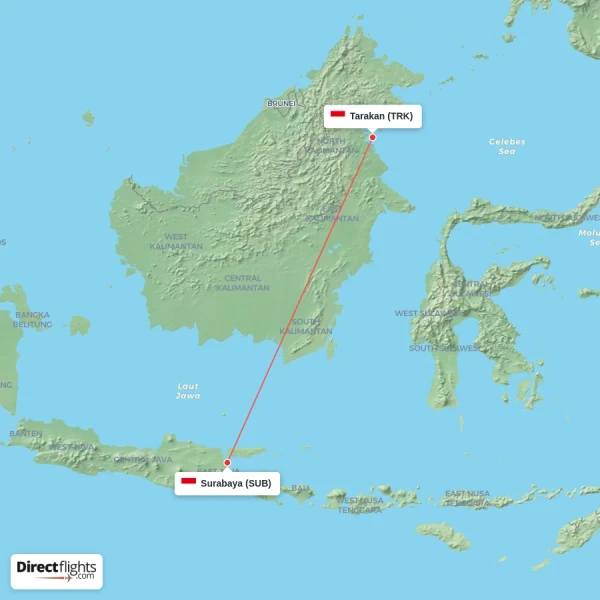 Tarakan - Surabaya direct flight map