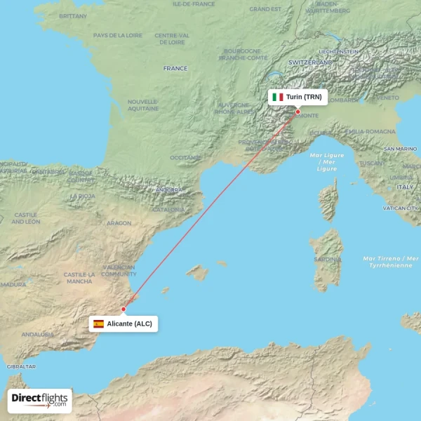 Turin - Alicante direct flight map