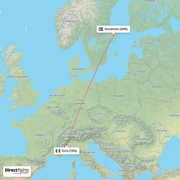 Turin - Stockholm direct flight map