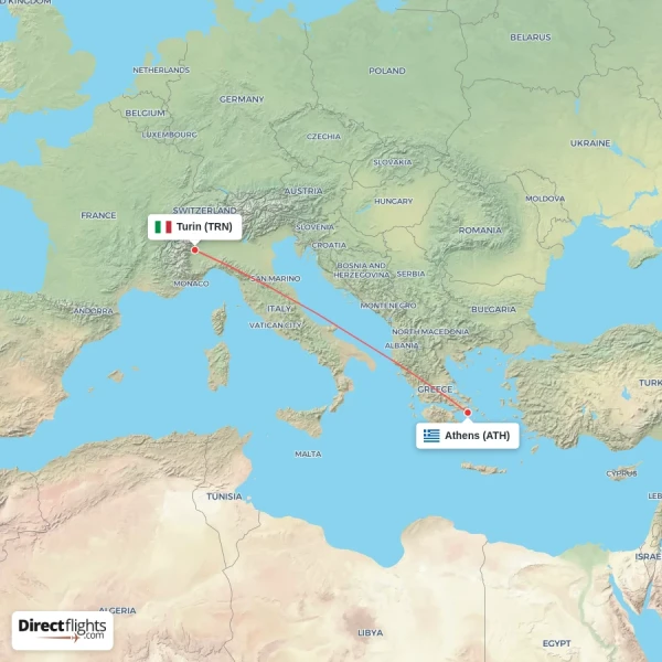 Turin - Athens direct flight map