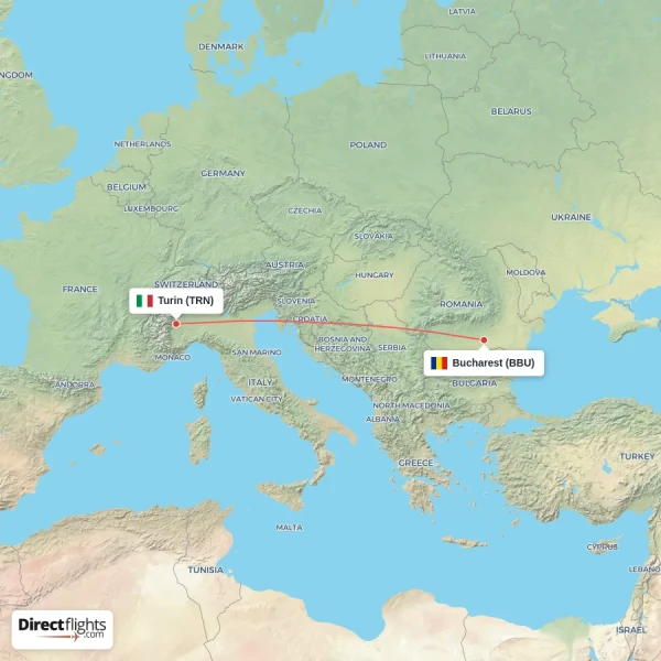 Turin - Bucharest direct flight map