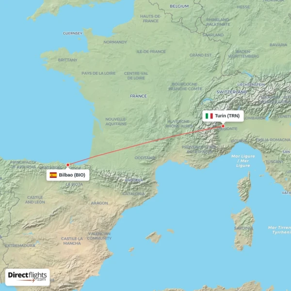 Turin - Bilbao direct flight map