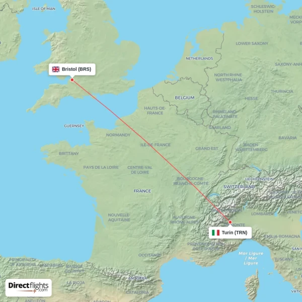 Turin - Bristol direct flight map
