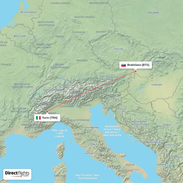 Turin - Bratislava direct flight map