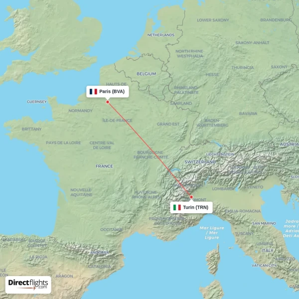 Turin - Paris direct flight map