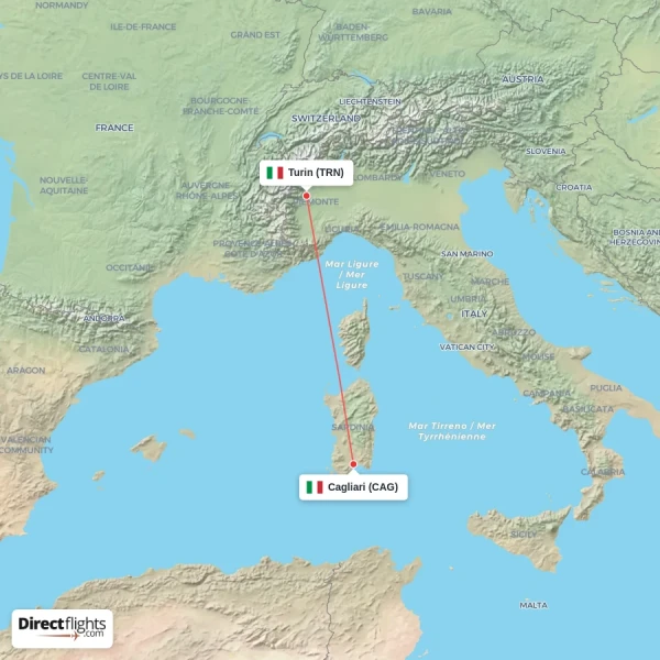 Turin - Cagliari direct flight map