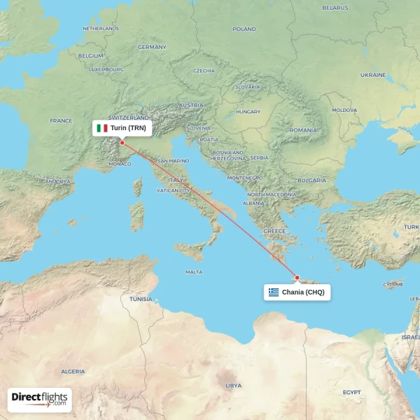 Turin - Chania direct flight map