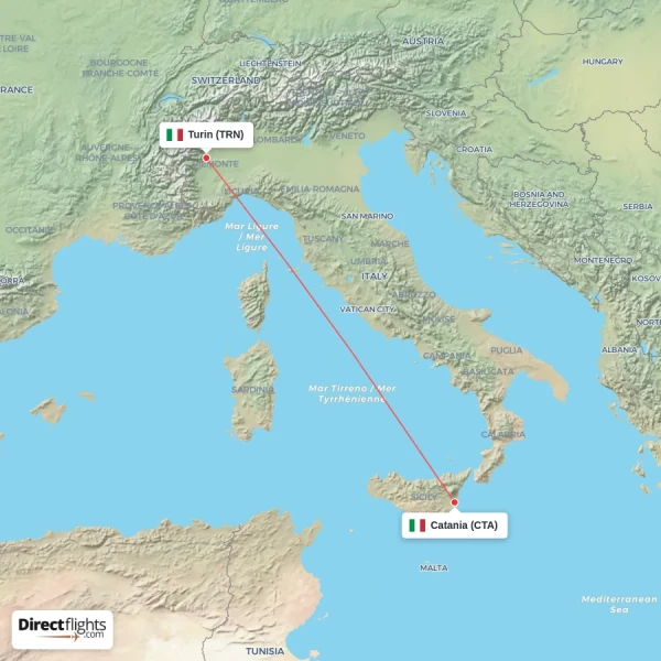 Turin - Catania direct flight map