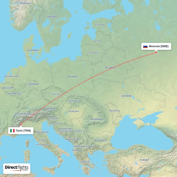 Turin - Moscow direct flight map