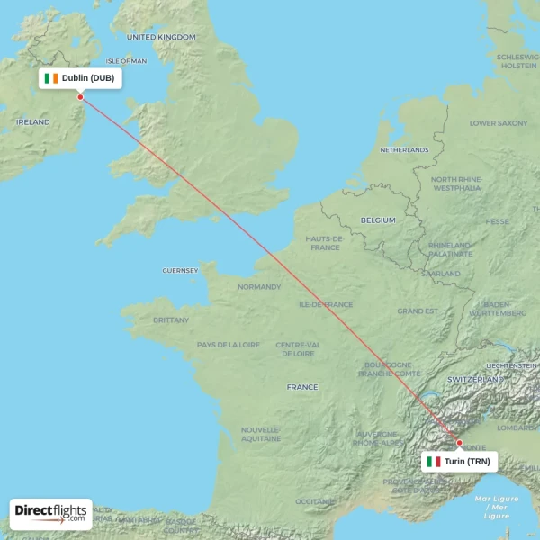 Turin - Dublin direct flight map