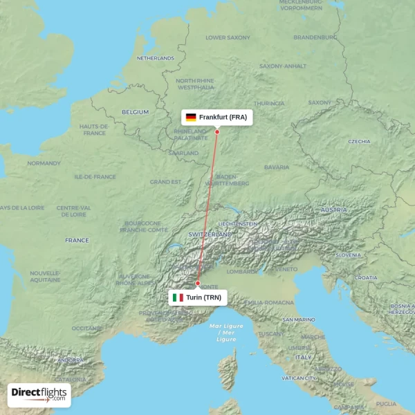 Turin - Frankfurt direct flight map