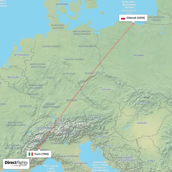Turin - Gdansk direct flight map