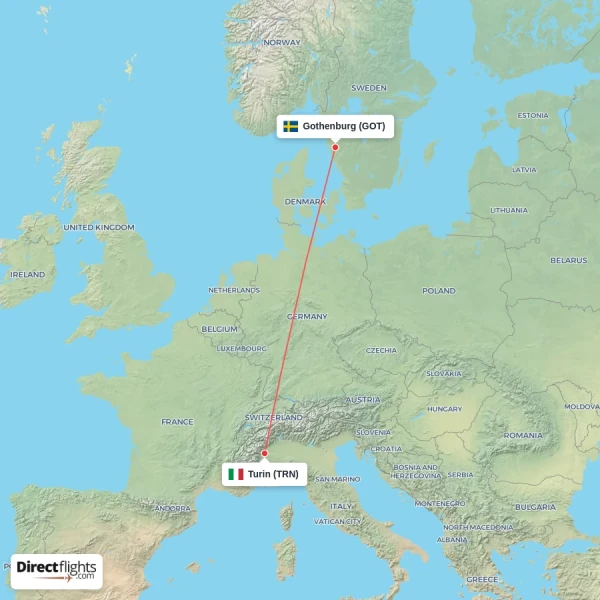 Turin - Gothenburg direct flight map