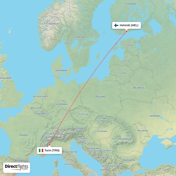 Turin - Helsinki direct flight map