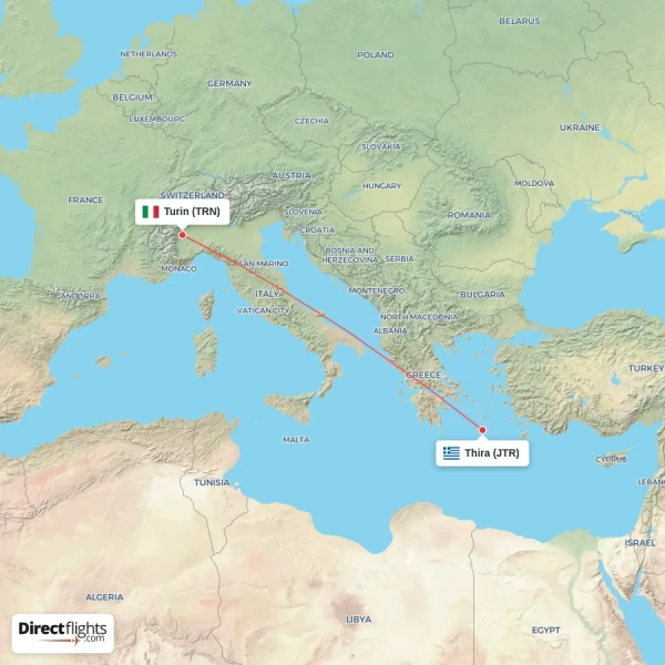 Turin - Thira direct flight map