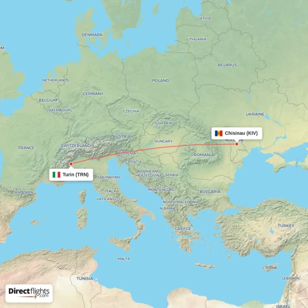Turin - Chisinau direct flight map