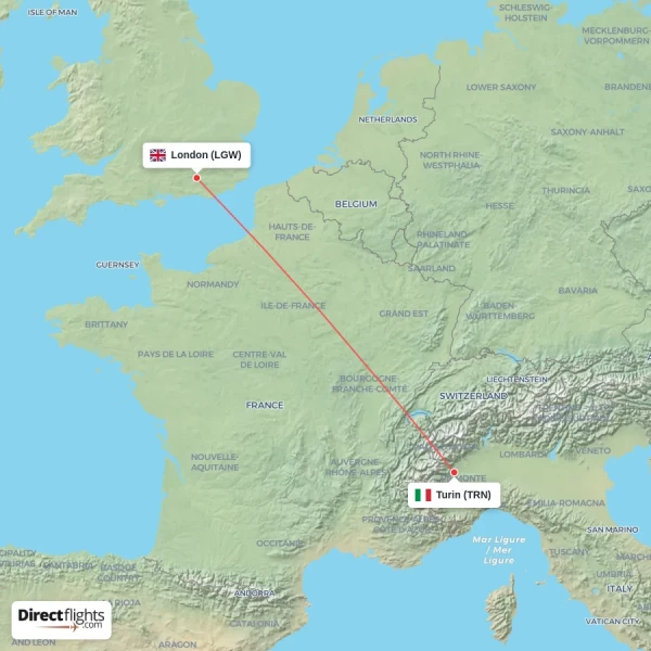 Turin - London direct flight map