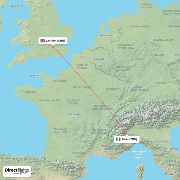 Turin - London direct flight map