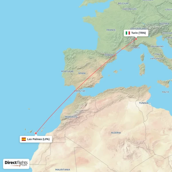 Turin - Las Palmas direct flight map