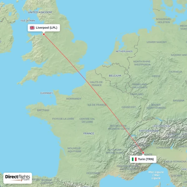 Turin - Liverpool direct flight map