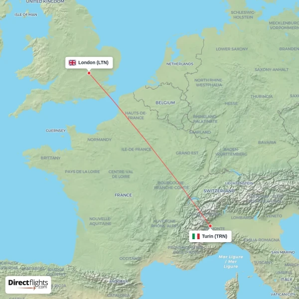 Turin - London direct flight map