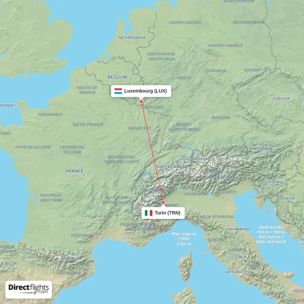 Turin - Luxembourg direct flight map