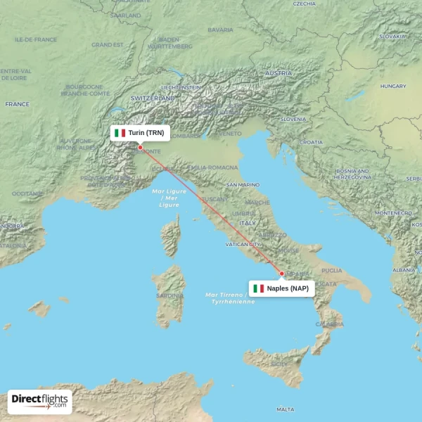 Turin - Naples direct flight map