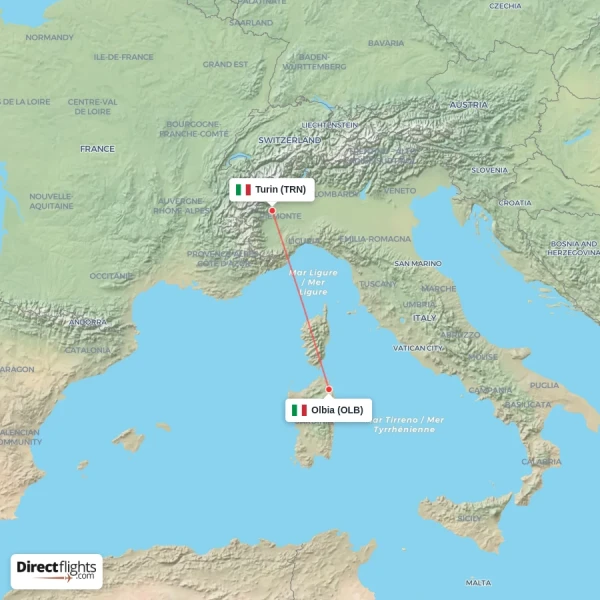 Turin - Olbia direct flight map