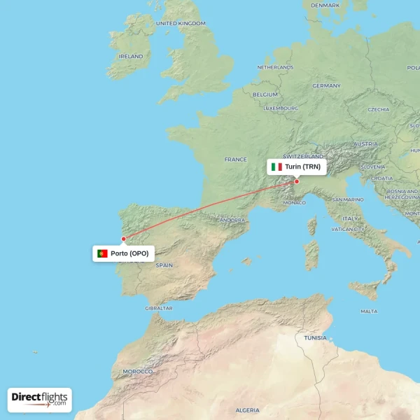 Turin - Porto direct flight map