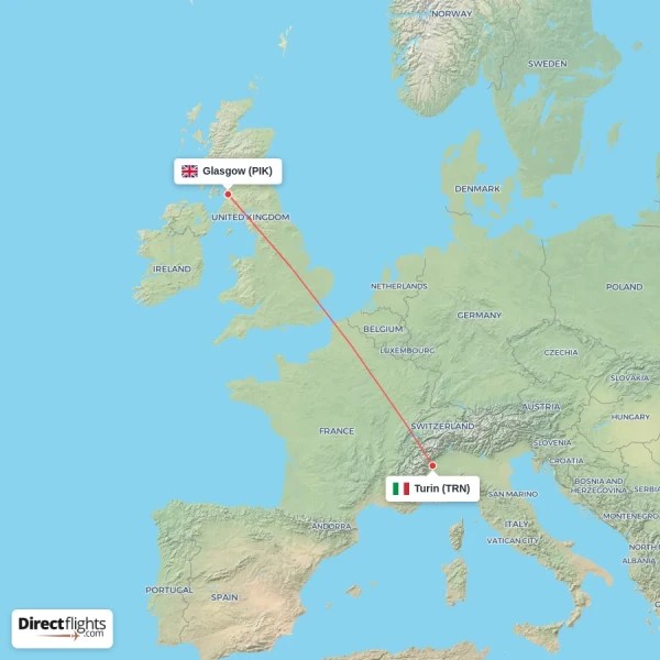 Turin - Glasgow direct flight map