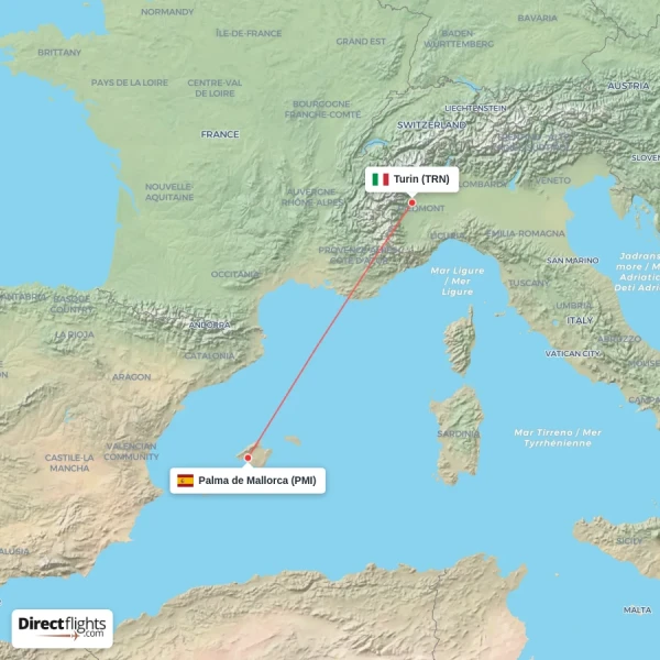 Turin - Palma de Mallorca direct flight map