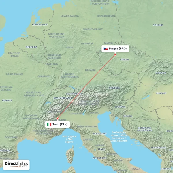 Turin - Prague direct flight map