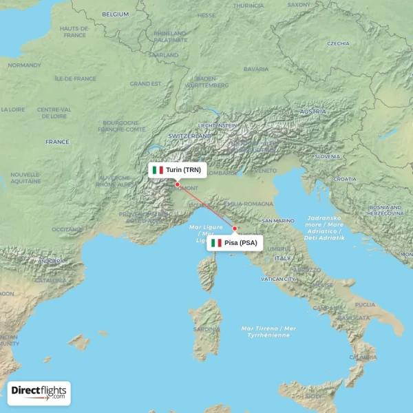 Turin - Pisa direct flight map
