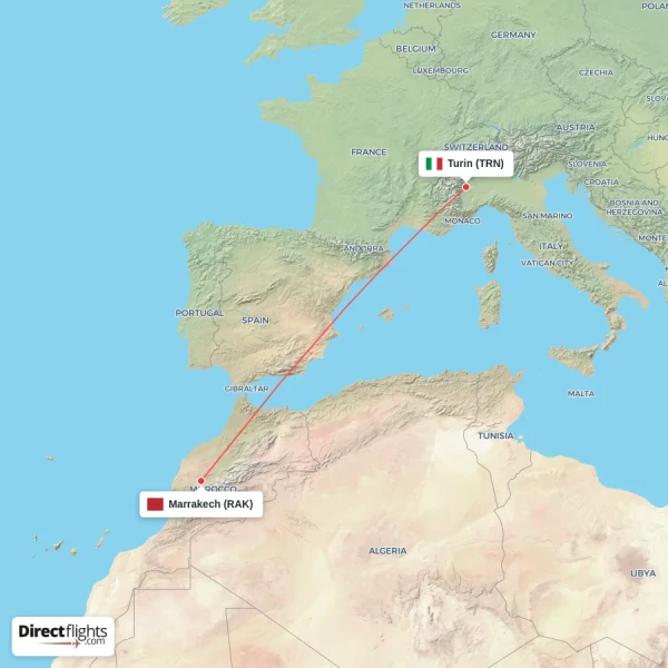 Turin - Marrakech direct flight map