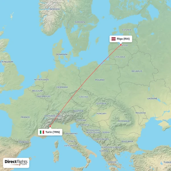 Turin - Riga direct flight map