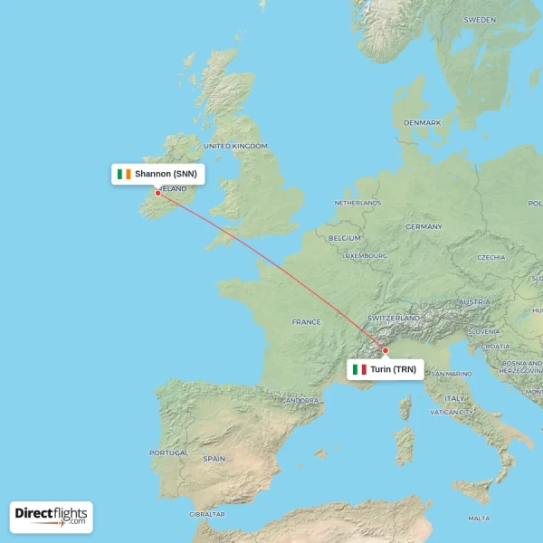 Turin - Shannon direct flight map