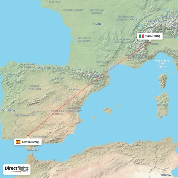 Turin - Sevilla direct flight map