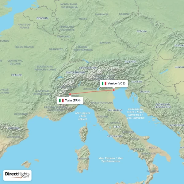 Turin - Venice direct flight map