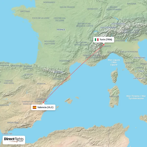 Turin - Valencia direct flight map