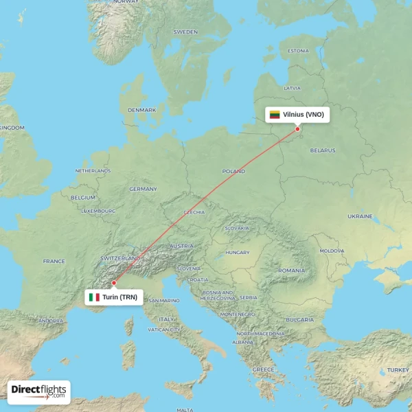Turin - Vilnius direct flight map