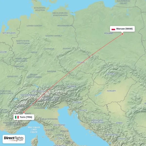 Turin - Warsaw direct flight map