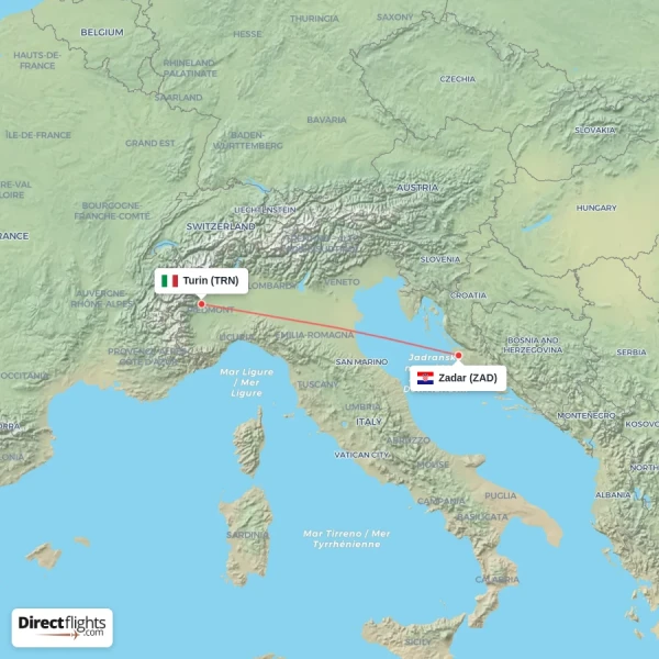 Turin - Zadar direct flight map