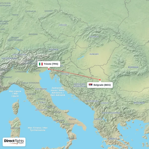 Trieste - Belgrade direct flight map