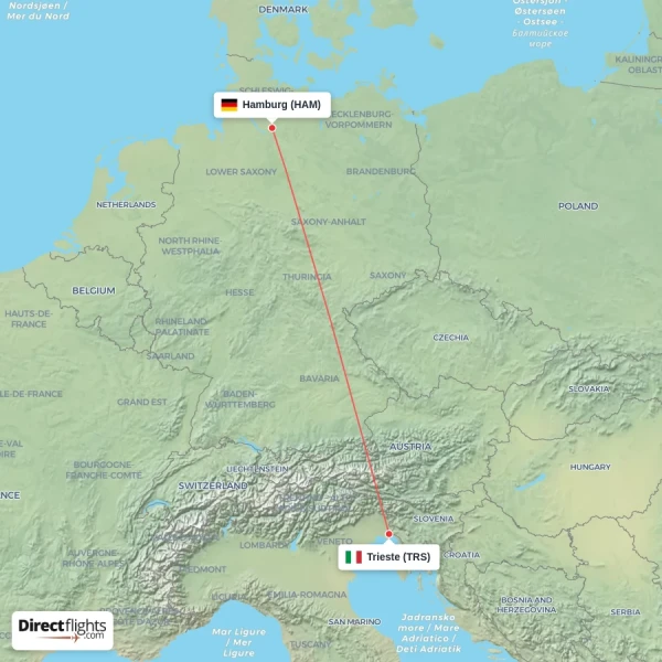 Trieste - Hamburg direct flight map