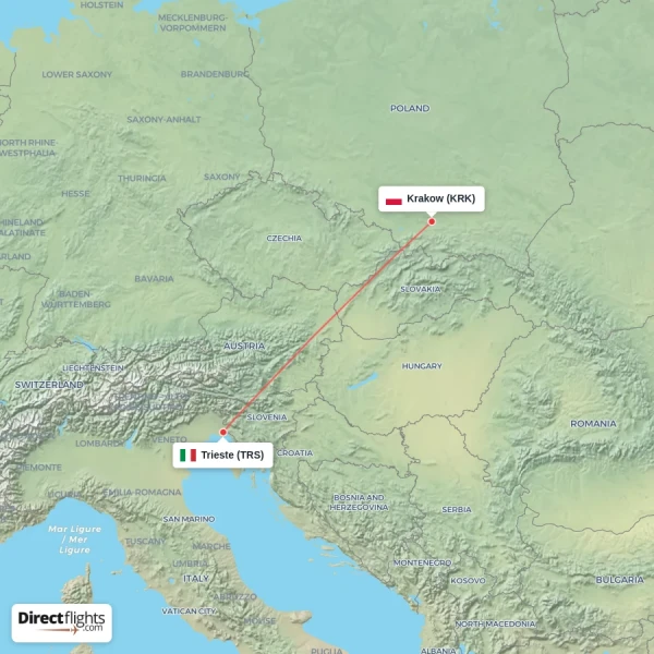 Trieste - Krakow direct flight map
